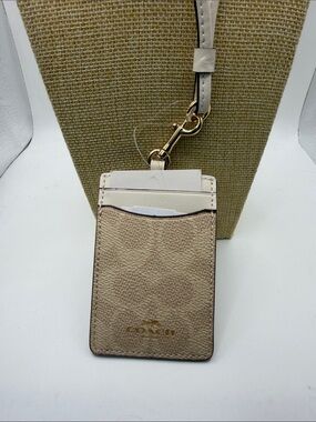 Coach Two-Tone Beige and Cream Leather ID Holder with Lanyard